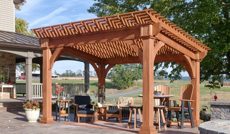 Wood pergola on stone patio