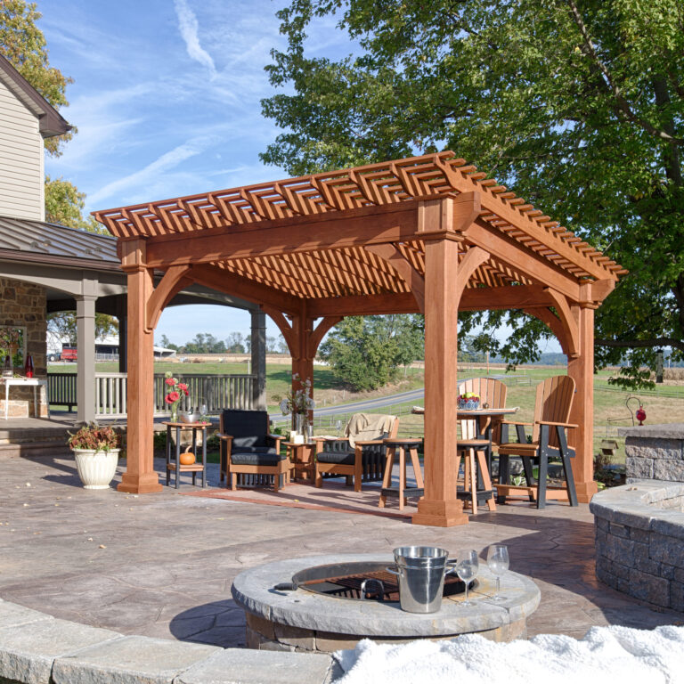 wood pergola in backyard stone patio